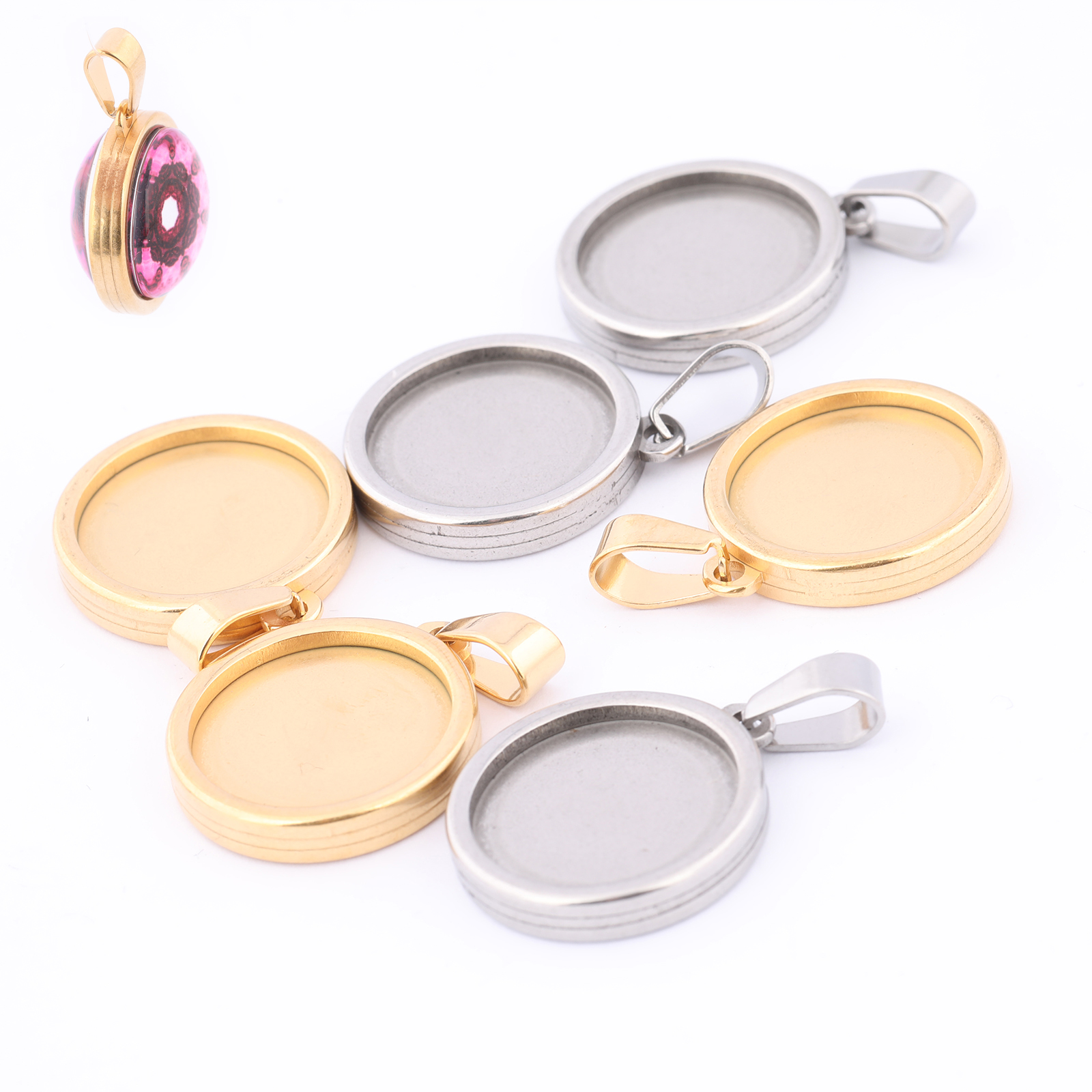 Bezels Set Pendant - 5pcs Stainless Steel Gold Plated Double